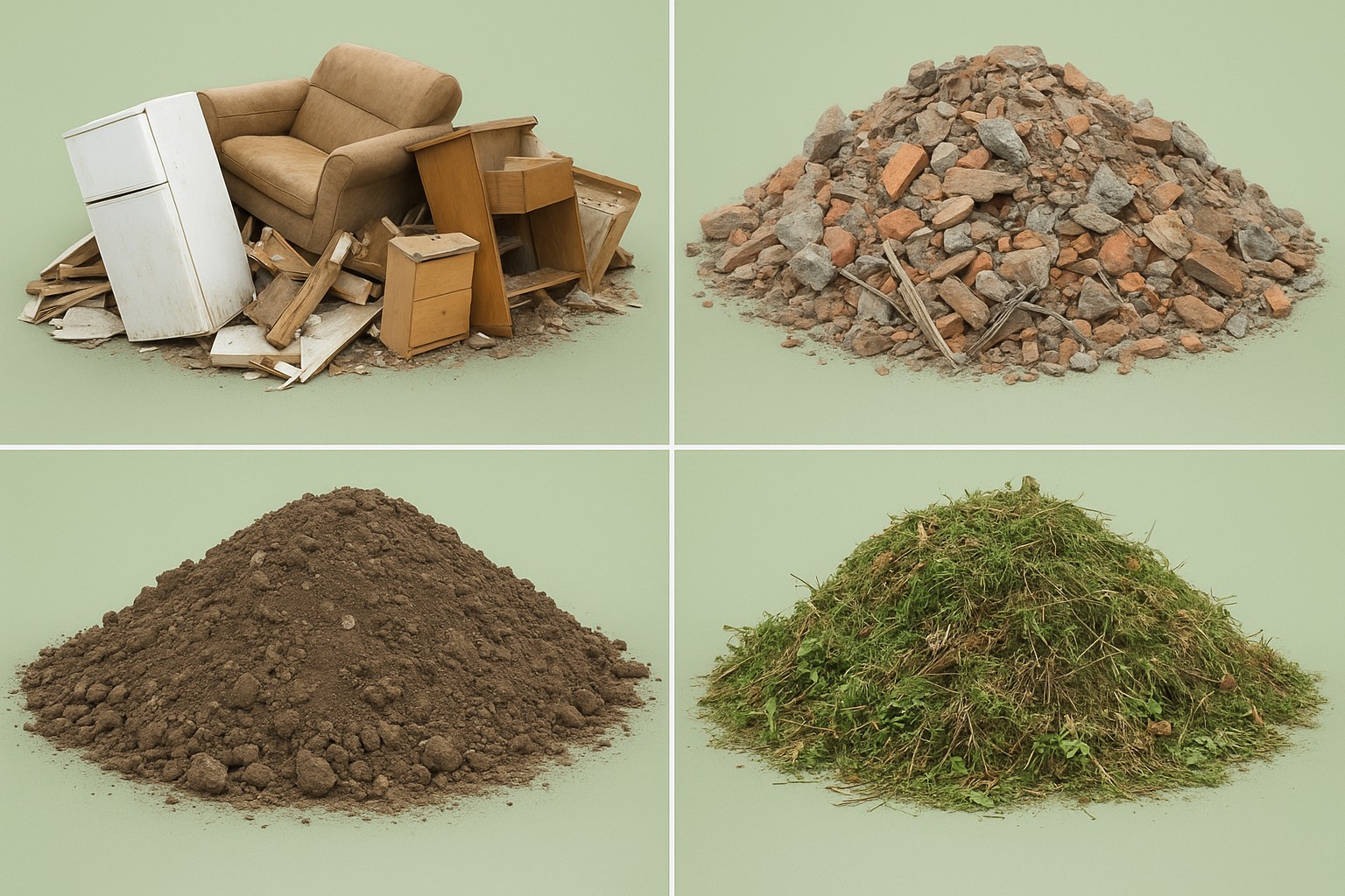 Different piles of waste furniture, Bricks, Soil and Green Waste