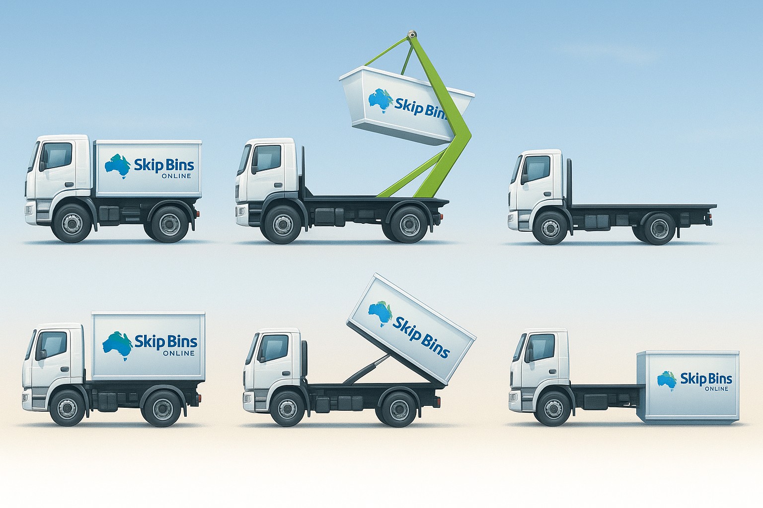 White Marrel Truck and White hooklift Truck showing how the bin comes of the trucks